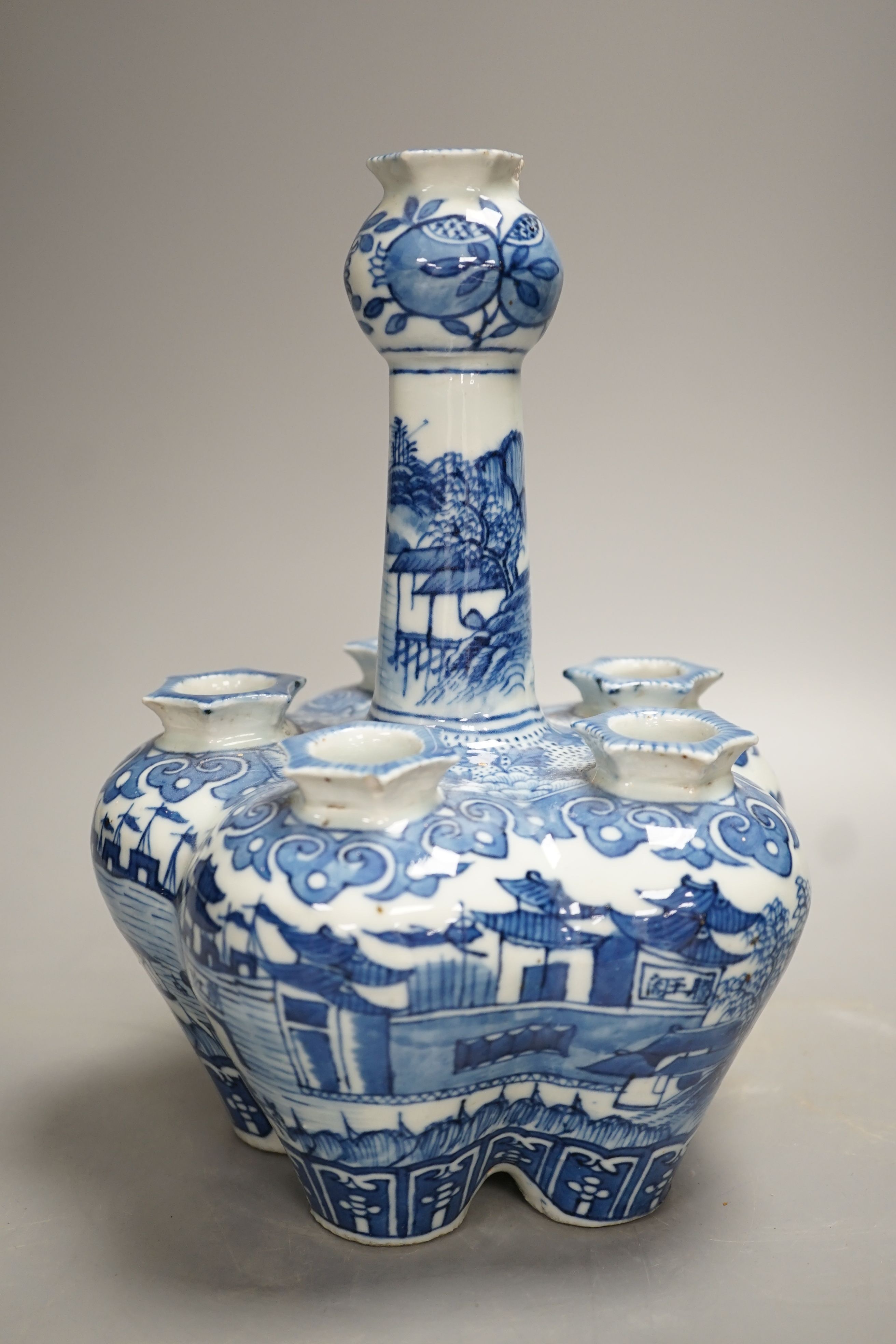 A 19th century Chinese blue and white tulip vase, painted with the pavilion of Prince Teng - 24cm high